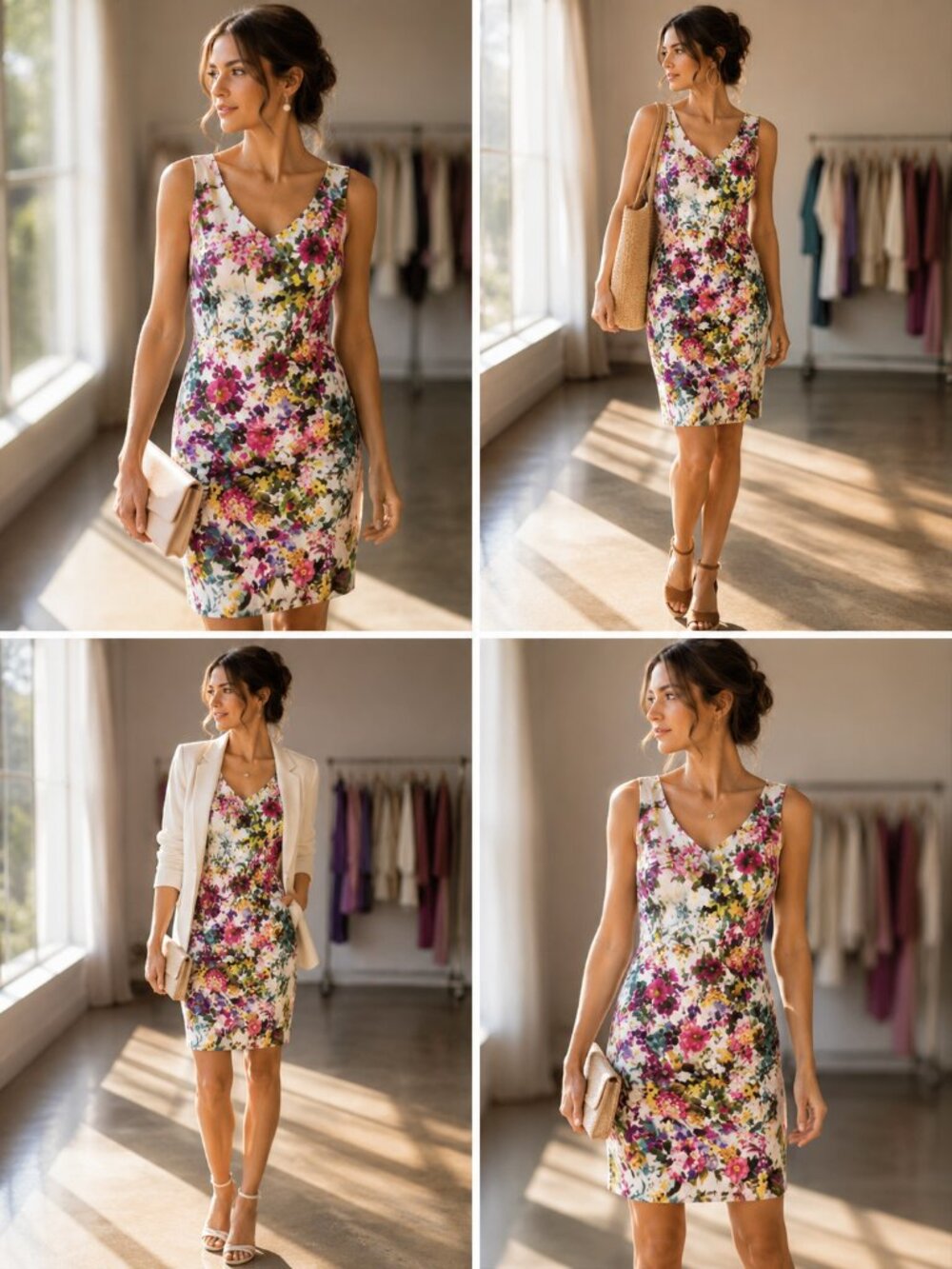 RIANI Floral Sheath Dress White Botanical Print Purple Sz S